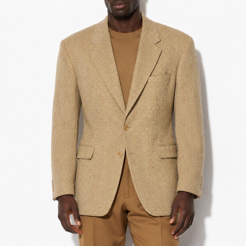 70s Vintage Levis Herringbone Blazer Men 42R Tan Wool Blend Tailored 2 Button